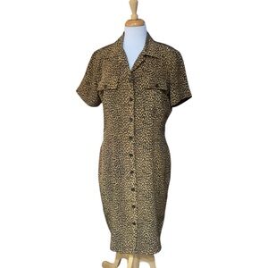Vintage Silk Robbie Bee short sleeved Leopard Print Button-Up midi Dress sz 10